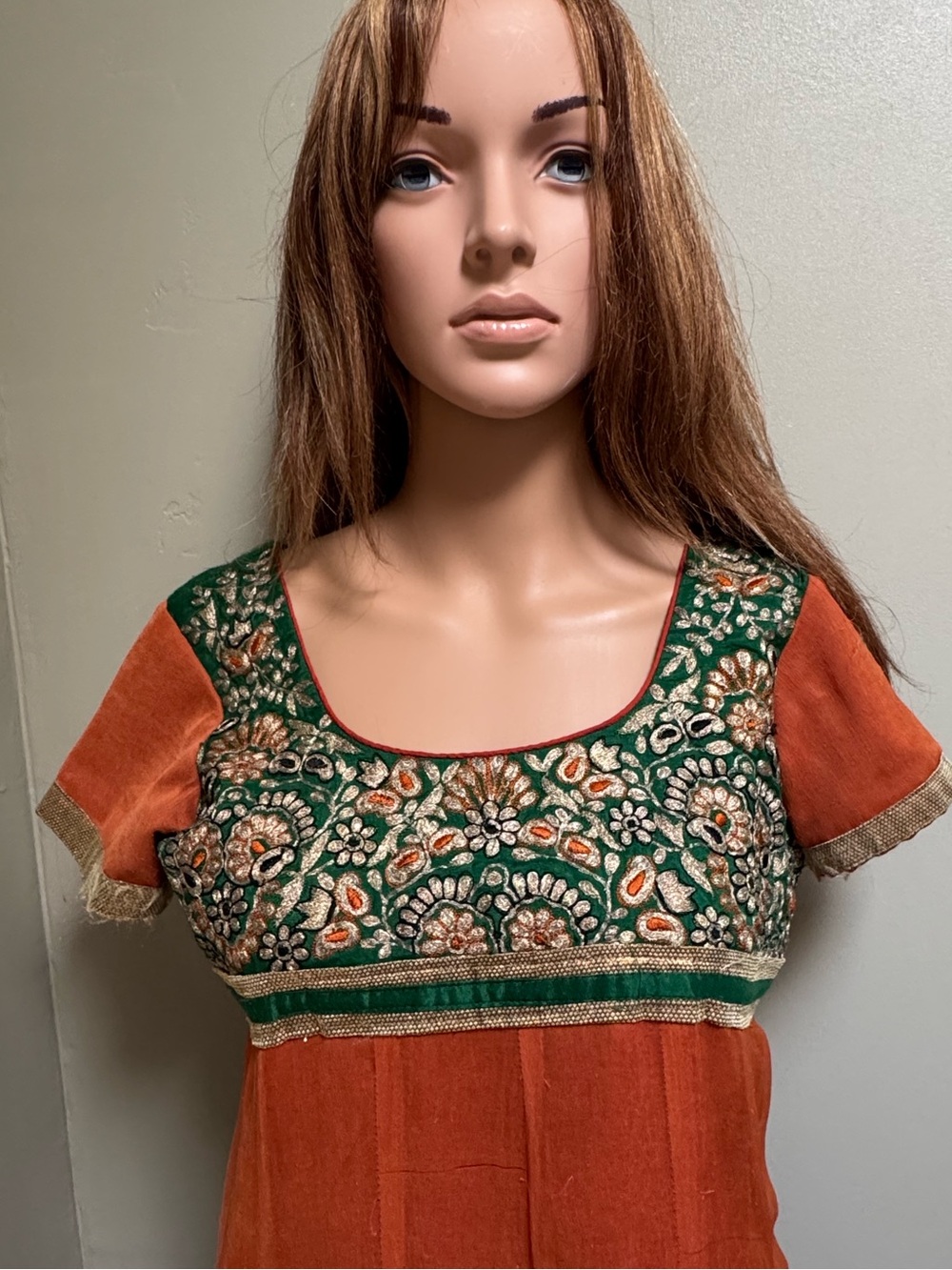 Hand Embroidered Orange & Green Raw Silk Dress